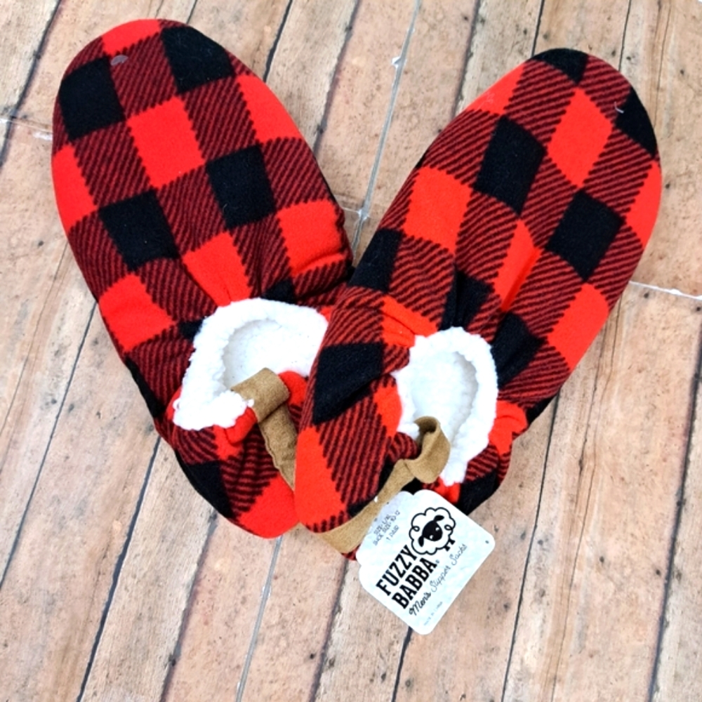 Fuzzy Babba Men's  Fluffy Slipper Socks, Buffalo Red/Black/White Pattern…